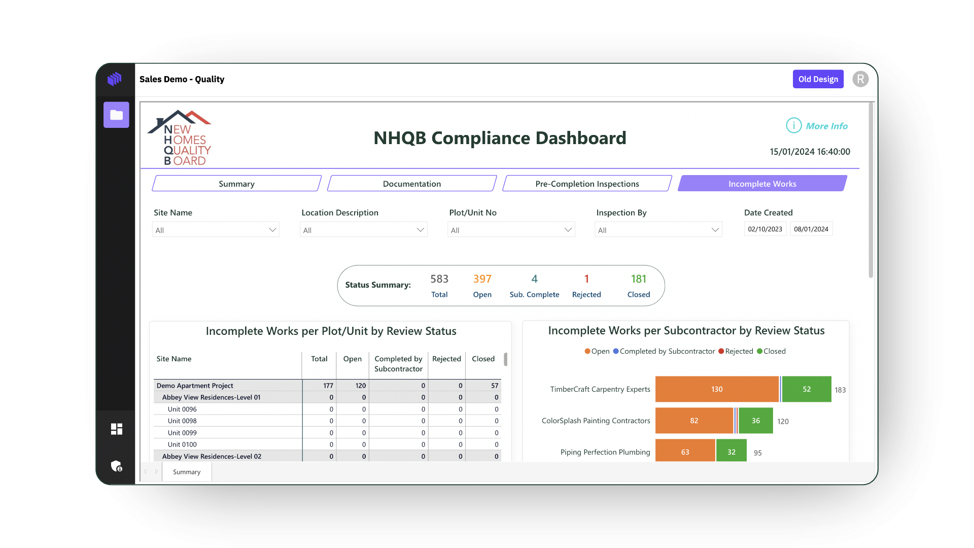 Zutec NHQB Compliance Dashboard Incomplete Works